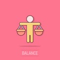Ethic balance icon in comic style. Honesty cartoon vector illustration on isolated background. Decision splash effect business Royalty Free Stock Photo
