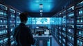 Ethical use of data AI system. Secure Data Center with Surveillance: An image of a high-tech data center with rows of Royalty Free Stock Photo