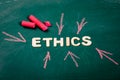 ETHICS. Business concept. White wooden alphabet letters on a green chalk board Royalty Free Stock Photo