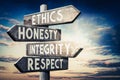 Ethics, honesty, integrity, respect - wooden signpost, roadsign with four arrows