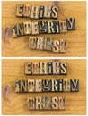 Ethics integrity trust letterpress message Royalty Free Stock Photo