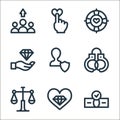 ethics line icons. linear set. quality vector line set such as money, business, justice, police handcuffs, integrity, values,