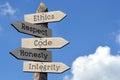 Ethics, respect, code, honesty, integrity - wooden signpost with five arrows, sky with clouds