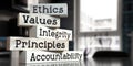 Ethics, values, integrity, principles, accountability - words on wooden blocks