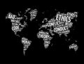 Ethics word cloud in shape of world map, concept background Royalty Free Stock Photo