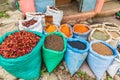 Dried chili peppers and spices for sale at the market in Debark