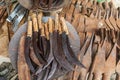 Iron scythes and digging tools for sale in the market at Debark