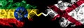 Ethiopia, Ethiopian vs Alabama, Alabamian smoky mystic flags placed side by side. Thick colored silky abstract smoke flags