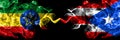 Ethiopia, Ethiopian vs Puerto Rico smoky mystic flags placed side by side. Thick colored silky abstract smoke flags