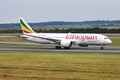 Ethiopian Airlines passenger plane at airport. Schedule flight travel. Aviation and aircraft. Air transport. Global Royalty Free Stock Photo