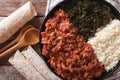 Ethiopian cuisine: kitfo with herbs and cheese. horizontal top v