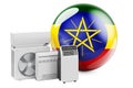 Ethiopian flag with cooling and climate electric devices. Manufacturing, trading and service of air conditioners in Ethiopia, 3D Royalty Free Stock Photo