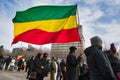 Ethiopian flag flys at a demonstation in Churchhill square Edmonton on Sunday 5th Feb 2023