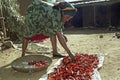 Ethiopian woman is drying peppers at home