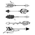 Ethnic arrows. Hand drawn feather arrow, tribal feathers on pointer and decorative boho bow isolated vector set