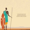 Ethnic background with African man warrior and stylized African landscape Royalty Free Stock Photo