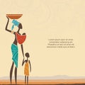 Ethnic background with African woman with children and stylized African landscape