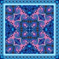 Ethnic bandana print with abstract ornamental pattern and floral border.