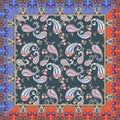 Ethnic bandana print with groovy floral paisley pattern and unusual frame with tulips flowers. Vector summer design.