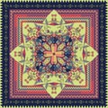 Ethnic bandana print with ornamental border. Silk neck scarf with beautiful flowers and birds.