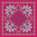 Ethnic bandana print with ornamental border. Silk neck scarf with beautiful flowers, butterflies, mandala and paisley. Rug