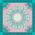 Ethnic bandana print in pink and emerald tones. Mandalas and paisley frames. Indian, thai, persian, turkish motives.