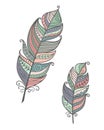 Ethnic bird feathers in boho style. Pastel colors vector hand drawn, tribal gipsy concept.