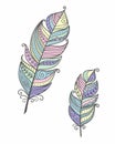 Ethnic bird feathers in boho style. Pastel colors vector hand drawn, tribal gipsy concept.