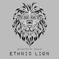 Ethnic black head of lion on grey. totem / tattoo design. Use for print, posters, t-shirts. Vector illustration