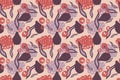 Ethnic boho seamless pattern with abstraction and vases and leaves. Vector illustration in a trendy style and muted
