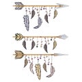 Ethnic boho set of arrows, feathers and flowers, native american tribe decoration print element, tribal navajo Royalty Free Stock Photo