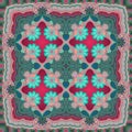 Ethnic carpet, tablecloth or shawl with beautiful paisley ornament and mandalas flowers in dark crimson and green tones.