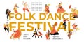 Ethnic and cultural diversity. Folk dance festival banner template with collection of people in traditional costumes from