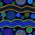 Ethnic design - dots, circles and waves. Glowing neon seamless pattern. Hand painting in australian aboriginal style.