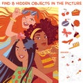 Ethnic diversity group of women. Find 8 hidden objects
