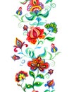 Ethnic eastern european frame - seamless floral border with native flowers. Watercolor
