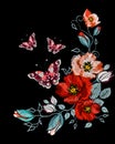 Ethnic embroidery of poppies, butterflies, nature, greenery