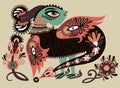 Ethnic fantastic animal doodle design in karakoko style, unusual Royalty Free Stock Photo