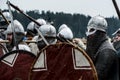 Ethnic Festival of Ancient Culture. Reconstruction of medieval warriors of knights in battle Royalty Free Stock Photo