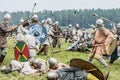 Ethnic Festival of Ancient Culture. Reconstruction of medieval warriors of knights in battle