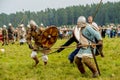 Ethnic Festival of Ancient Culture. Reconstruction of medieval warriors of knights in battle