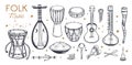 Ethnic, folk music festival vector poster, background. Different music traditional folk instruments. Lettering Royalty Free Stock Photo