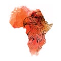 Ethnic hand drawing head of eagle in the vector map of Africa. Vector illustration. Abstract Background with Watercolor Stains Royalty Free Stock Photo