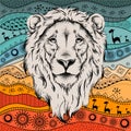 Ethnic hand drawing head of lion on African hand-drawn ethno pattern. Royalty Free Stock Photo