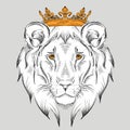 Ethnic hand drawing head of lion wearing a crown. totem / tattoo design. Use for print, posters, t-shirts. Vector illustration