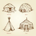 Ethnic homes of different nations. Vector drawing Royalty Free Stock Photo