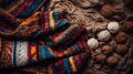 Ethnic knitted woven wool yarn Indigenous Knitting Pattern and colourful wool yarn threads background. Knitting geometric
