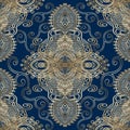 Ethnic lace textured embroidery Paisley vector seamless pattern. Ornamental vintage dark blue background. Tapestry floral grunge Royalty Free Stock Photo