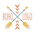 Ethnic Logo Boho Style Element, Hipster Fashion Design Template In Blue, Yellow And Red Color With Crossed Arrows