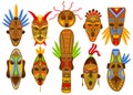 Ethnic mask set isolated on white, African tribal ritual totem, ceremonial idol avatar, vector illustration